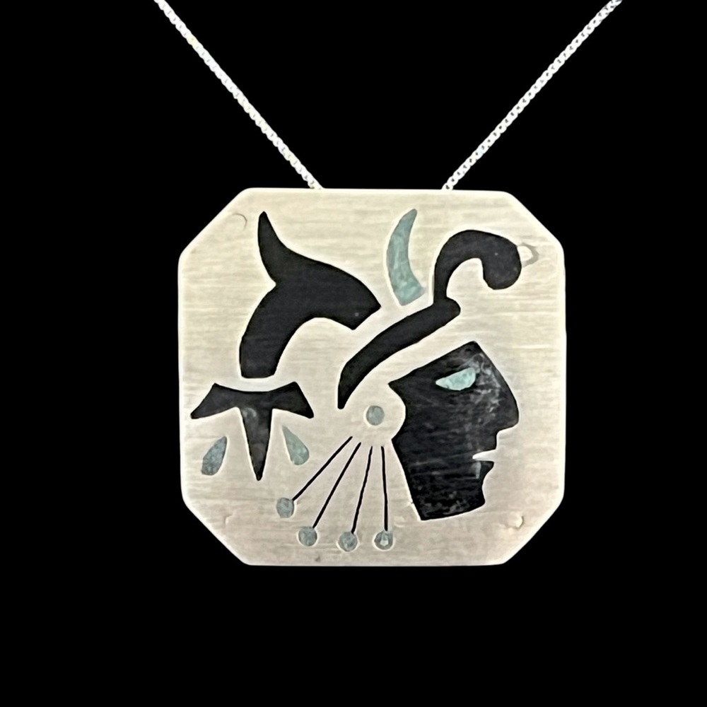 Vintage Taxco Mexico sterling silver onyx figural pendant or brooch pin